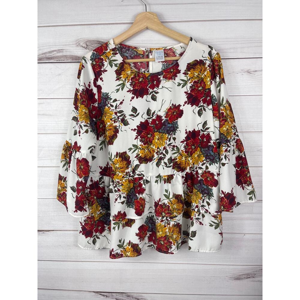 Time & Tru Womens Floral Ruffle Peplum Top Bell Sleeves Size Large